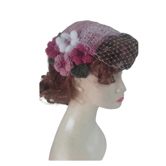 VINTAGE Pink Half Hat with Flowers, Lace, and Netting Womens Fascinator Flowers Netting Pink | Masquerade Store main image 3