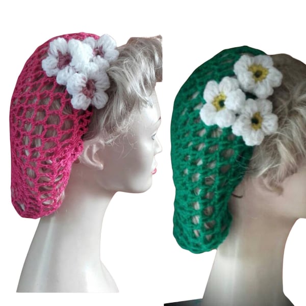 1940s hair snood, wartime snood, Crochet hairnet, green or pink daisy hairnet, St. Patrick's day