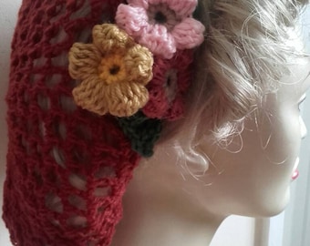 Wartime  1940's snood, vintage style, handmade, crochet, flowers rust, hairnet, hat, snood