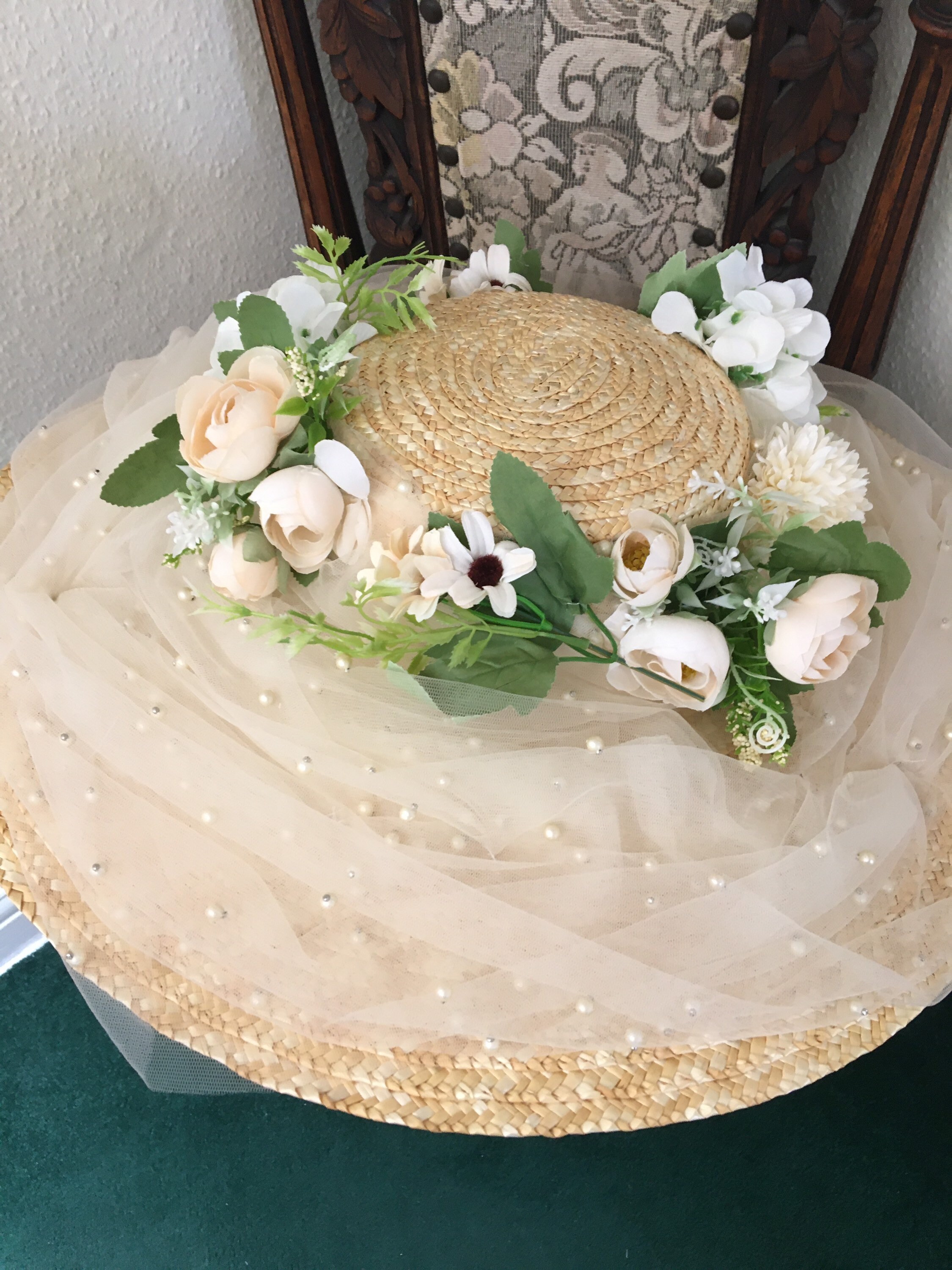 花飾り付き麦わら帽子 ビンテージ 親子帽子、麦わら帽子、ハンドメイド小花の髪飾り、ヘットドレス