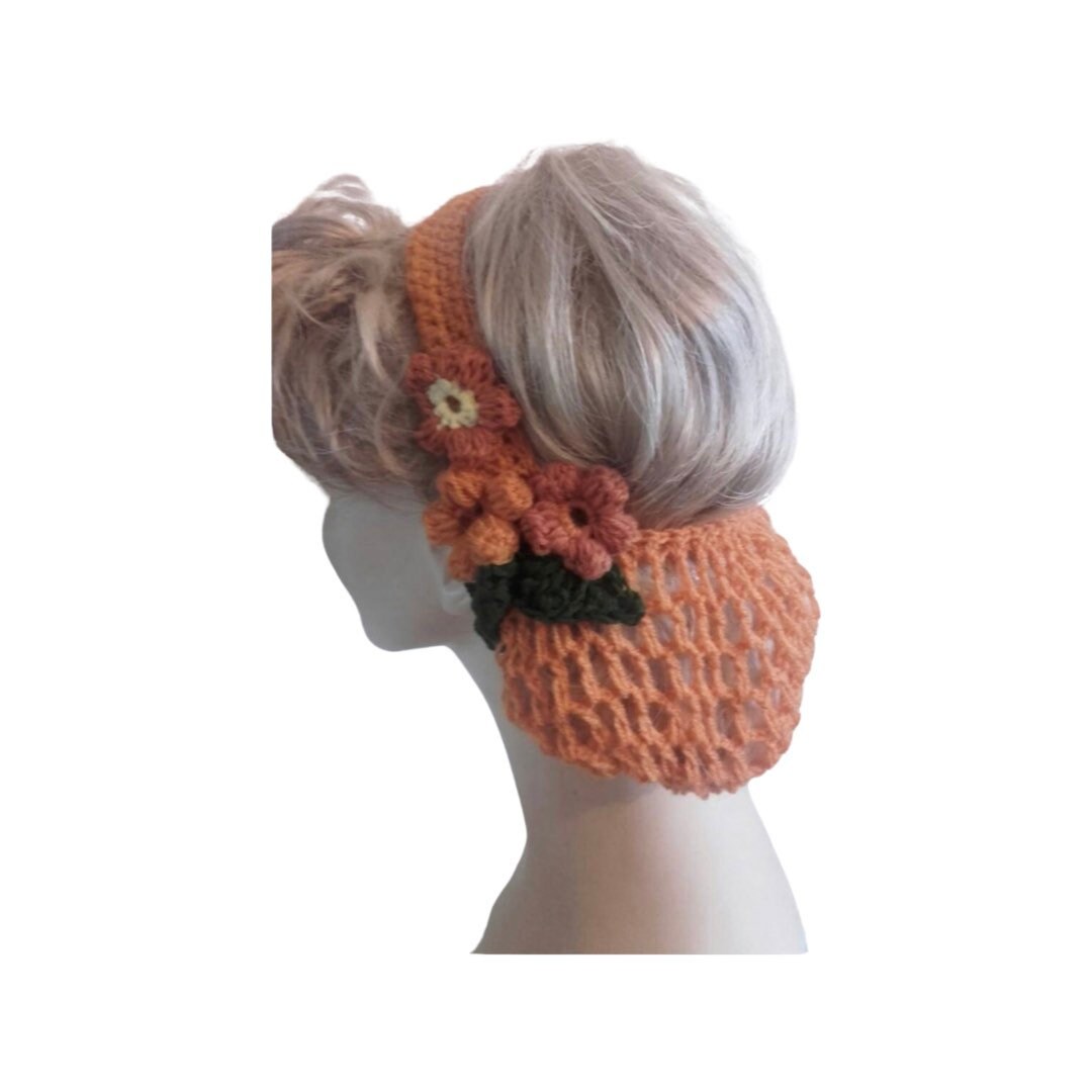 1940s half snood,hairnet, vintage accessory, crochet snood,vintage wedding,orange snood,Victorian hairnet