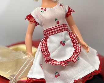 Vintage sindy doll handmade cherry dress doll clothes outfit retro waitress