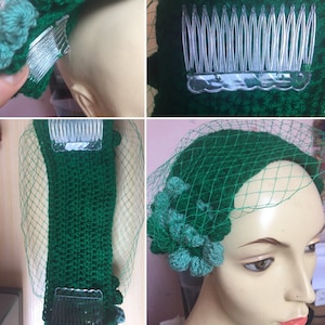 fascinator, 1940s hat, 1950s hat, half hat,emerald green hat, wedding hat,mother of bride, birdcage, crochet image 7