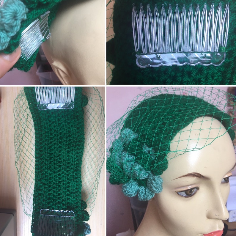 fascinator, 1940s hat, 1950s hat, half hat,emerald green hat, wedding hat,mother of bride, birdcage, crochet image 7