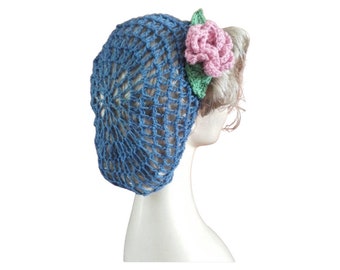 hair snood, blue with Pink rose new, crochet, wartime, hairnet, 1940's style, vintage