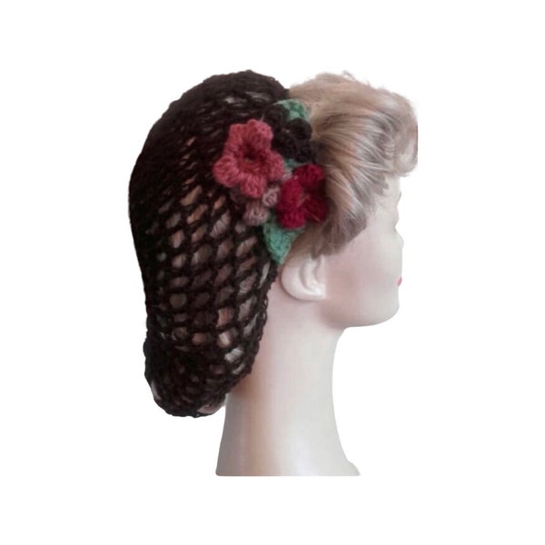 Filet à cheveux des années 1940, snood de style vintage, snood au crochet, filet à cheveux brun foncé, snood brun