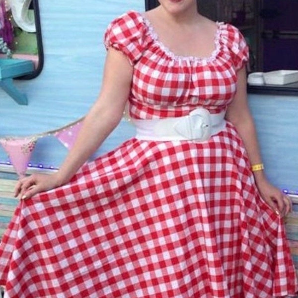 1950s dress, Western dress, Cowgirl, red gingham dress, country dress, swing dress, circle skirt, rockabilly dress,small to plus size