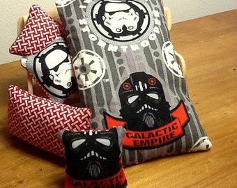1/12 scale "Star Wars -Storm Troopers" single bed quilt & 3 decorator cushions. Fully reversible. Bright red, black, white and grey colours.