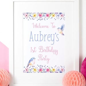 Letrero de bienvenida para cumpleaños de pájaro, pájaro floral, cumpleaños, acuarela, pajarito, primavera, verano, primer cumpleaños, invitación, el tiempo vuela, para cualquier edad, imprimible