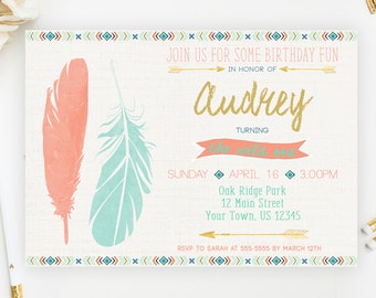 Wild One Birthday Invitation Wild One Party First Birthday Boho Invitation Tribal Invitation Coral Mint Printable Twin Boho 1st Feathers