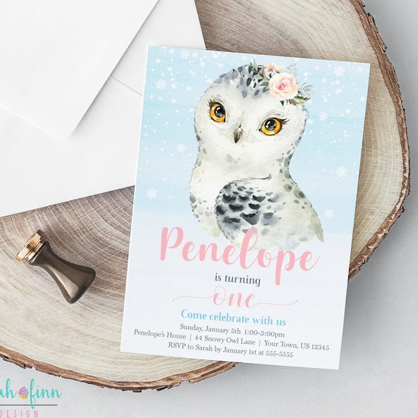 Owl Birthday Invitation Girl Watercolor Winter Animals Birthday Party Invite Snowy Owl Arctic Winter Wonderland Party Invite Printable