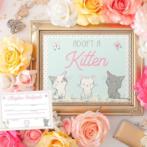 Adopt a Kätzchen Zeichen und Zertifikat Kitty druckbare Katze-Geburtstags-Party Kitty druckbare Spiel-Sofort Download Adoption Zeichen
