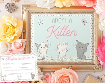 Adopt a Kitten Sign and Certificate Kitty Printable Cat Birthday Party Kitty Printable Game Instant Download Adoption Sign