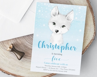 Arctic Fox Birthday Invitation Watercolor Birthday Party Invite White Wolf Boy Arctic Animals Birthday Winter Invite Birthday Printable