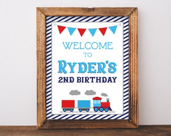 Train Birthday Party Welcome Sign Printable Blue Red Party Decor Trains Transportation Second Birthday Chugga Chugga Choo Two DIGITAL