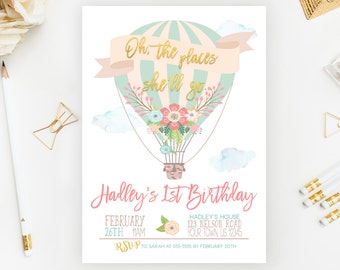 Hot Air Balloon Invitation First Birthday Printable Invitation Balloon Birthday Party Girl Invitation 1st Birthday Invite