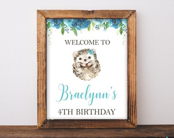 Hedgehog Birthday Welcome Sign Hedgehog Blue Teal Floral Woodland Party Decor Printable Sign Birthday Party Baby Shower Digital Sign