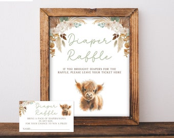 Highland Cow Diaper Raffle Sign & Tickets Boho Baby Shower Game Gender Neutral Baby Shower Diaper Raffle Cards Printable Instant Download