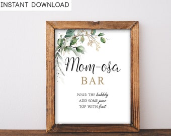 Panneau Momosa Verdure Baby Shower Mimosa Baby shower neutre entre les sexes Eucalyptus Mom-osa Bar Panneau imprimable Téléchargement instantané botanique