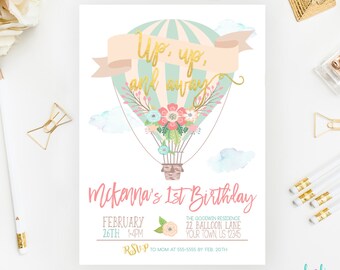 Hot Air Balloon Birthday Invitation Up up and Away Hot Air Balloon Party Balloon Invitation Printable Girl Birthday First Birthday Mint Blue