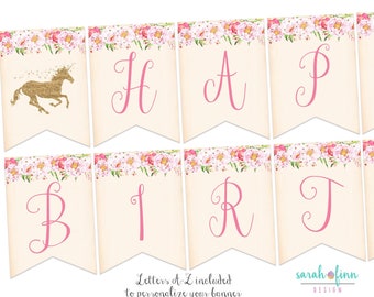 Unicorn Printable Banner Unicorn Birthday Party Decorations Happy Birthday Banner Unicorn Party Unicorn Garland Banner Pink Gold