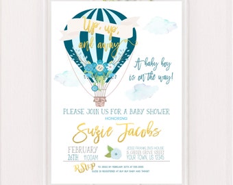 Hot Air Balloon Baby Shower Invitation Up up and Away Printable Up and Away Shower Invitation Baby Boy Teal Balloons Blue Baby Shower