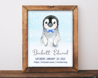 Penguin Birth Stats Printable Wall Art New Baby Boy Gift Birth Information Christening gift Birth Stats Baby Gift Birth Information Arctic