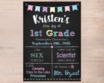 First day of School Sign First Day of 1st Grade Sign 2nd 3rd 4th 5th Girl Chalkboard Poster 1st Day Back to School Printable ANY GRADE