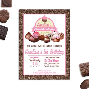 Chocolate Birthday Invitation Printable Dessert Party Candy Shoppe Chocolate Shoppe Chocolate Birthday Pink & Brown Sweet