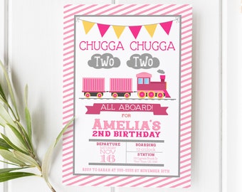 Girl Train Second Birthday Invitation Chugga Chugga Two Two Train Birthday 2nd Invite Printable Choo Choo Birthday Trains All Aboard