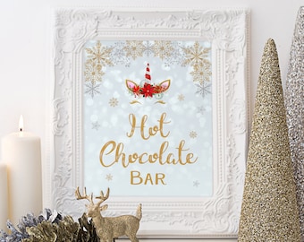 Christmas Unicorn Hot Chocolate Bar Hot Cocoa Party Sign Party Printable Decoration Unicorn Winter Birthday Instant Download Snowflakes