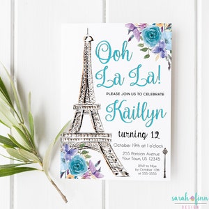 Paris Invitation Paris Birthday Party Teal Purple Eiffel Tower Paris Invite Paris Theme Printable Birthday Invitation Ooh La La Any Age image 1