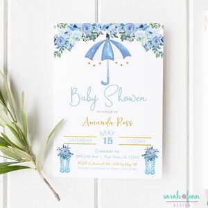 April Showers Bring May Flowers Blue Baby Shower Printable Invitation Umbrella Boots Rain boots Baby Sprinkle Baby Boy Blue Boots
