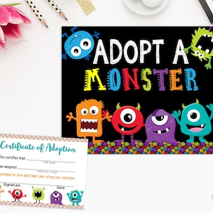 Adopt a Monster Printable Sign and Certificate Monsters Halloween Birthday Party Printable Activity Instant Download Adoption Sign