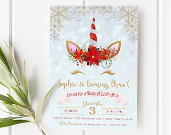 Christmas Unicorn Birthday Invitation Christmas Winter Unicorn Party Printable Christmas Birthday Winter Invitation Magical Gold Silver Red