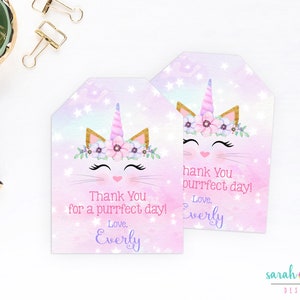 Étiquettes de faveur chat caticorne Kitty licorne étiquette de faveur chaton fête d&#39;anniversaire de chat Merci étiquettes fournitures de fête d&#39;anniversaire imprimable Purrfect bricolage