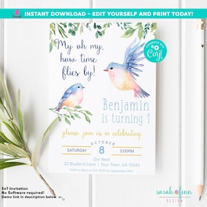 Bird Birthday Invitation Boy Greenery Bird Birthday Invitation Watercolor Little Birdie Spring 1st Birthday Invite Time Flies Edit in Corjl