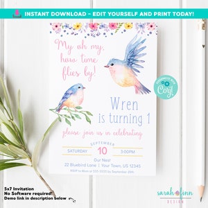 Bird Birthday Invitation Bird Invitation Bird First Birthday Invite Little Bird Editable Invitation First Birthday Invite Time Flies Corjl