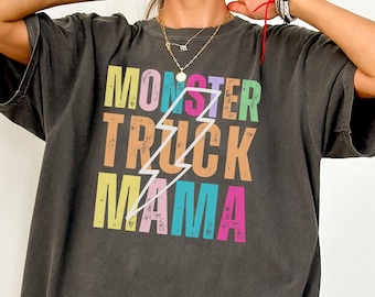 Monster Truck Mama Shirt Comfort Color Tee Monster Truck Mom T-Shirt Trendy Colorful Monster Trucks Birthday Party Lightning Bolt