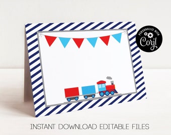 May include: Editable printable place card with a blue and white striped background. The card features a red, blue, and white train with a banner of flags above it. The text "PERSONALIZE WITH Coryl" is on the card.