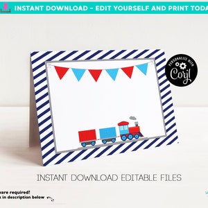 Train Food Tents Printable Editable in Corjl Chugga Choo Choo Trains Food Labels Place Cards Second Birthday Food Instant Download Birthday
