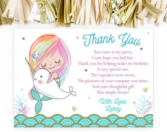 Mermaid Thank You Card Narwhal Birthday Mermaid Party Narwhal Thank You Card Printable Sea Mermaid Birthday Party Teal Gold Pool Party