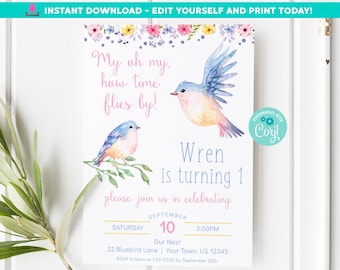 Bird Birthday Invitation Bird Invitation Bird First Birthday Invite Little Bird Editable Invitation First Birthday Invite Time Flies Corjl