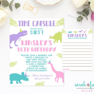 Dinosaur Time Capsule First Birthday Printable Pastel Girl Time Capsule Birthday Party 1st Birthday Digital Dino Time Capsule Sign and Card