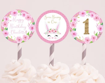 Bunny Cupcake Toppers Printable Cupcake Pink Gold For Any Age Personalized Floral Spring Bunny Face Birthday Party Decorations Easter