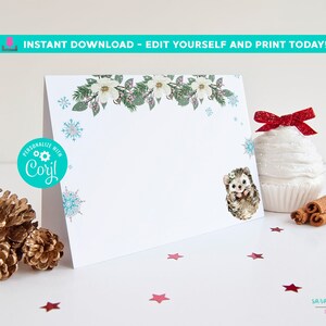 Tentes de nourriture de hérisson Téléchargement instantané Modifiable avec Corjl Winter Hedgehogs Birthday Party Decor Place Cards Food Labels Printable Tents