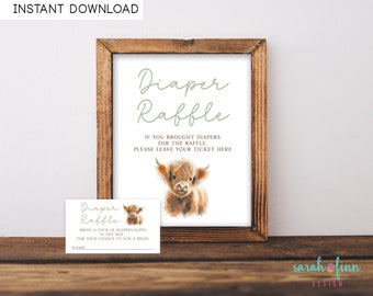 Highland Cow Diaper Raffle Sign & Tickets Boho Baby Shower Game Gender Neutral Baby Shower Diaper Raffle Cards Printable Instant Download