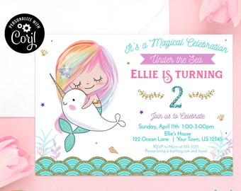 Narwhal Mermaid Invitation Mermaid Birthday Party Editable Invitation Instant Download Edit in Corjl Under the Sea Mermaid Pool Party