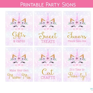 Ensemble de panneaux de fête d&#39;anniversaire Caticorn imprimables, signes de fête chat licorne, décoration d&#39;anniversaire, signe de faveur, téléchargement immédiat, paquet de signe de friandises pour chaton licorne
