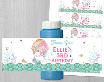 Mermaid Bubble Labels Printable Bubble Labels Mermaid Bubble Wrappers DIY Mermaid Birthday Party Personalized Narwhal Labels Favors